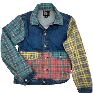 BDG Patchwork Denim Plaid Trucker Jacket Blue Men's M